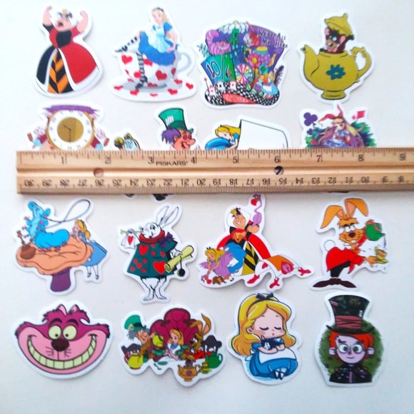 16 Alice in Wonderland Stickers Lot Cheshire Cat Laptop Water Bottle Rabbit Trip - Picture 2 of 2